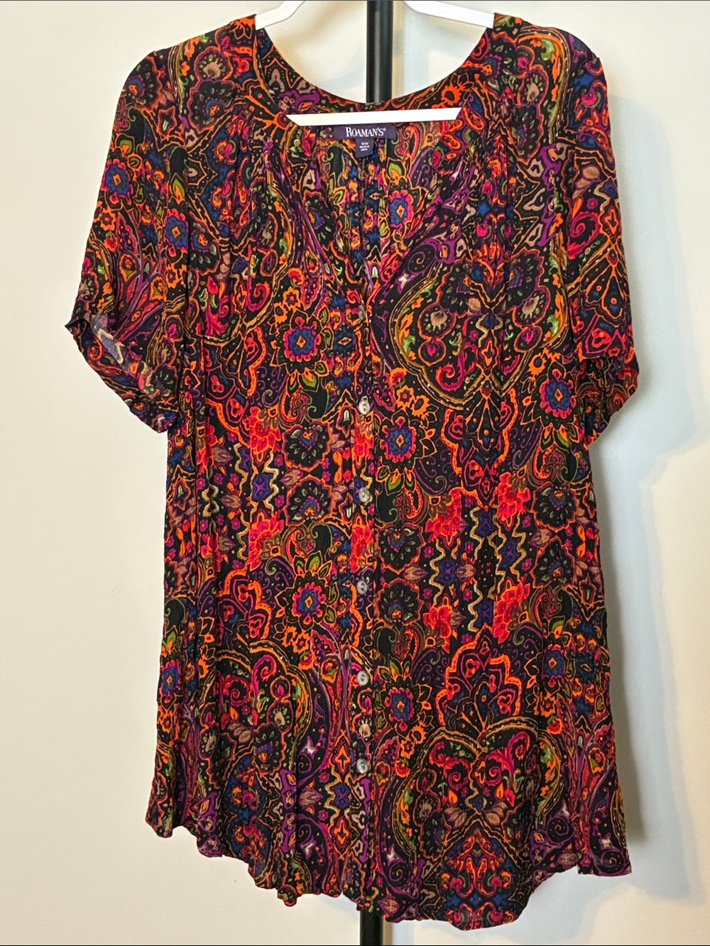 Roamans Boho Floral Paisley Button Front Tunic Blouse Short Sleeve 14W Multi - Picture 2 of 7